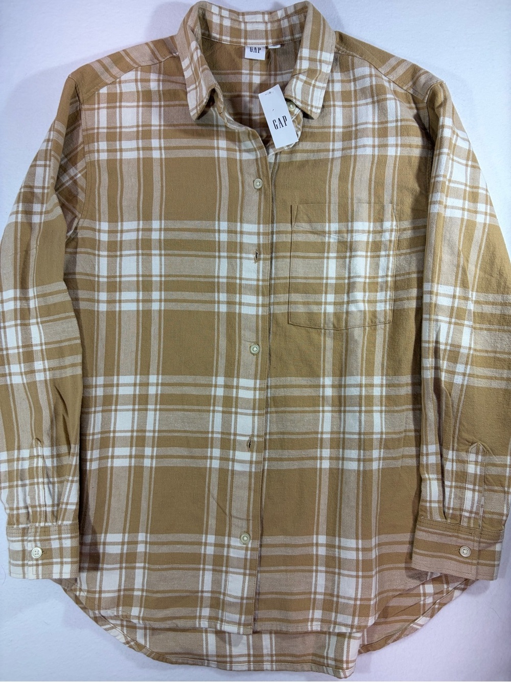 NWT: GAP Men's Tan & White Plaid Flannel Button-Down Shirt